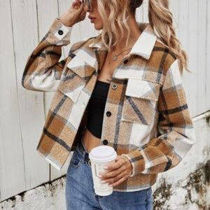 New Plaid Khaki Tan pocket button up jacket shacket